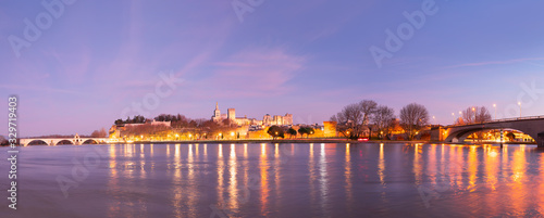 Pont Saint Benezet bridge on the Rhone River  and  Palace of the Popes ( Palais des Papes) and Avignon Cathedral - Avignon city, France  © muratart