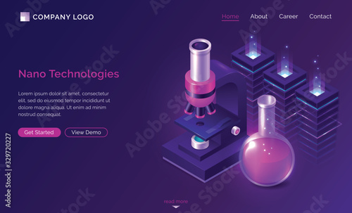 Nano technologies isometric landing page, electronic microscope, glass lab flask with pink liquid and neon glow processors in chemical laboratory, biotechnology science, research. 3d vector web banner