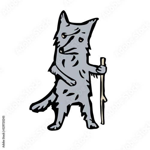 The gray wolf is leaning on a stick. Vector illustration in cartoon style. Isolated on a white background.