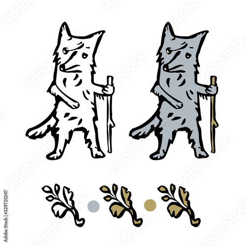Set of vector illustrations for coloring. A fairy-tale wolf is leaning on a stick. Black outline. Isolated on a white background.