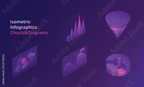 Isometric infographics charts and diagrams, 3d data analysis columns, infographic vector elements, financial information datum statistic. Template for business presentation, report or web site design