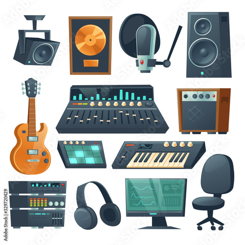 Music studio equipment isolated on white background. Vector cartoon set of sound recording tools, guitar and synthesizer, audio mixer, amplifier and microphone. Professional music workstation