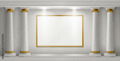 Antique columns, stone pillars and illuminated blank signboards in marble wall realistic vector, museum interior with white empty banners in art gallery, architecture background mock up