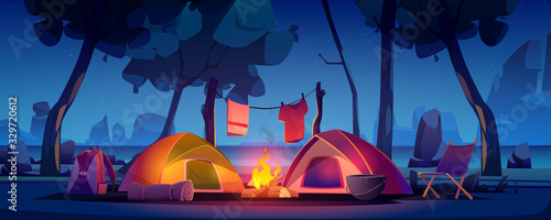 Summer night camp with tent, campfire, trees, lake and mountains on background. Vector cartoon landscape of natural parkland, countryside. Picnic on river beach