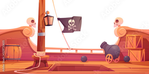 Pirate ship wooden deck onboard view, boat with cannon, wood boxes and barrel, hold entrance, mast with ropes, lantern and skull buccaneer flag isolated on white background cartoon vector illustration