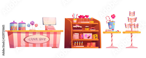 Candy shop empty interior furniture set with various pastry, cashier desk, shelf and tables with chocolate, candycanes and lollipops for sale, sweets decorate elements cartoon vector illustration