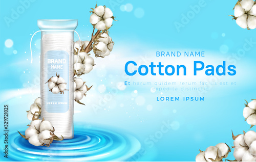Cotton pads cosmetic product ad poster, round makeup removing disks for face care in plastic package with white flowers on wavy water surface. Ads promo background for magazine realistic vector banner