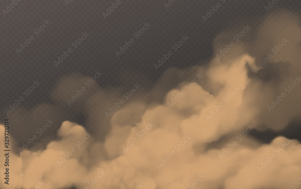 Desert sandstorm, brown dusty cloud or dry sand flying with gust of wind, big explosion realistic texture border vector illustration isolated on transparent background