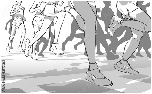 Illustration of marathon long short distance runners crowd people