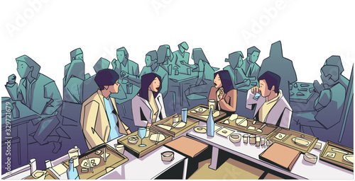 Illustration of group of people friends students conversation studying in pub bar restaurant izakaya