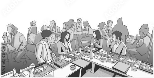 Illustration of group of people friends students conversation studying in pub bar restaurant izakaya