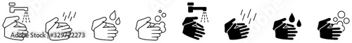Wash your hands icons set, simple black and white hand drawing with water tap, drop, soap bubble sign photo