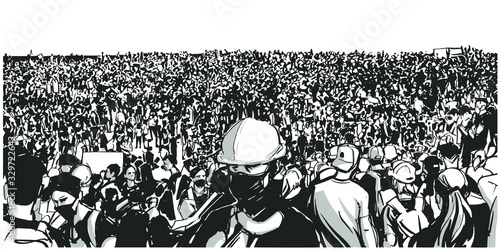 Illustration of large protesting crowd
