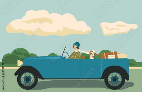 Girl rides in vintage car with dog. Retro style illustration.