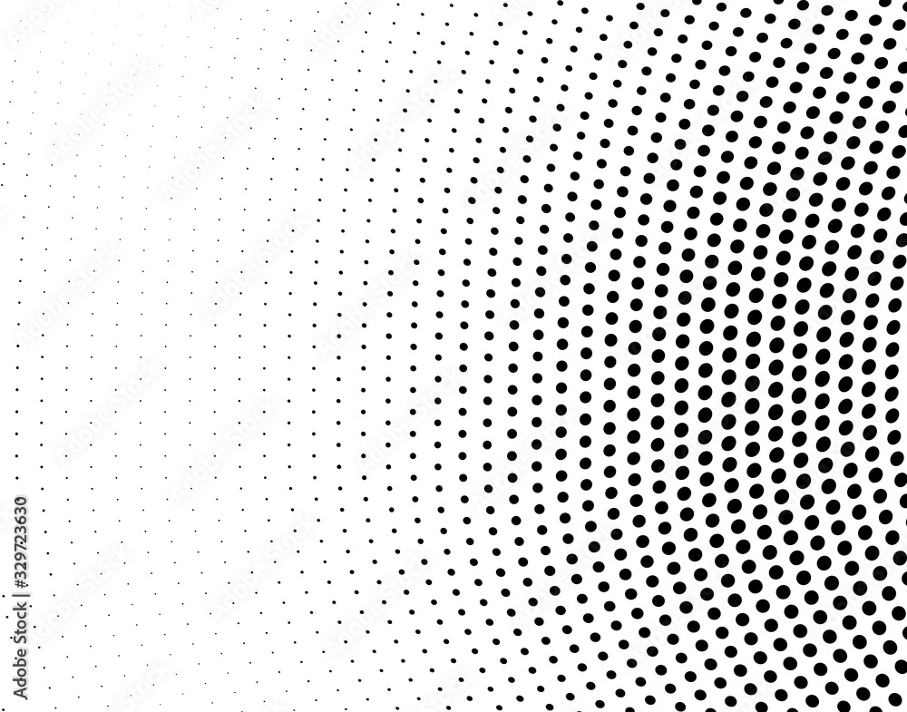 Abstract monochrome halftone texture. Chaotic wave of black dots on a white background