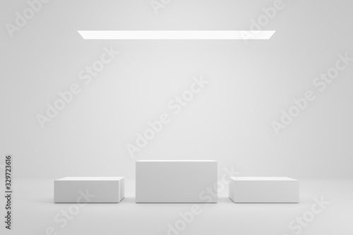 Empty pedestal or winner podium display on white room and light background with futuristic stand concept. Blank product shelf standing backdrop. 3D rendering.