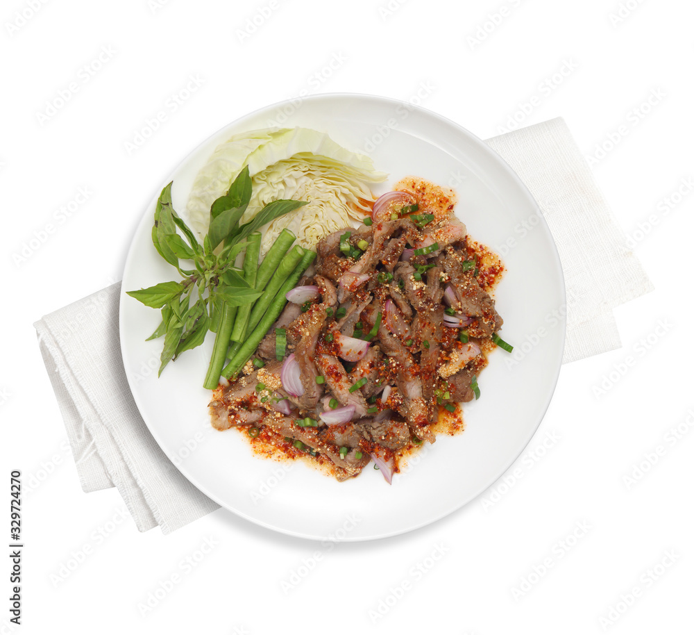 thai spicy beef salad on white background thai spicy beef salad on white background