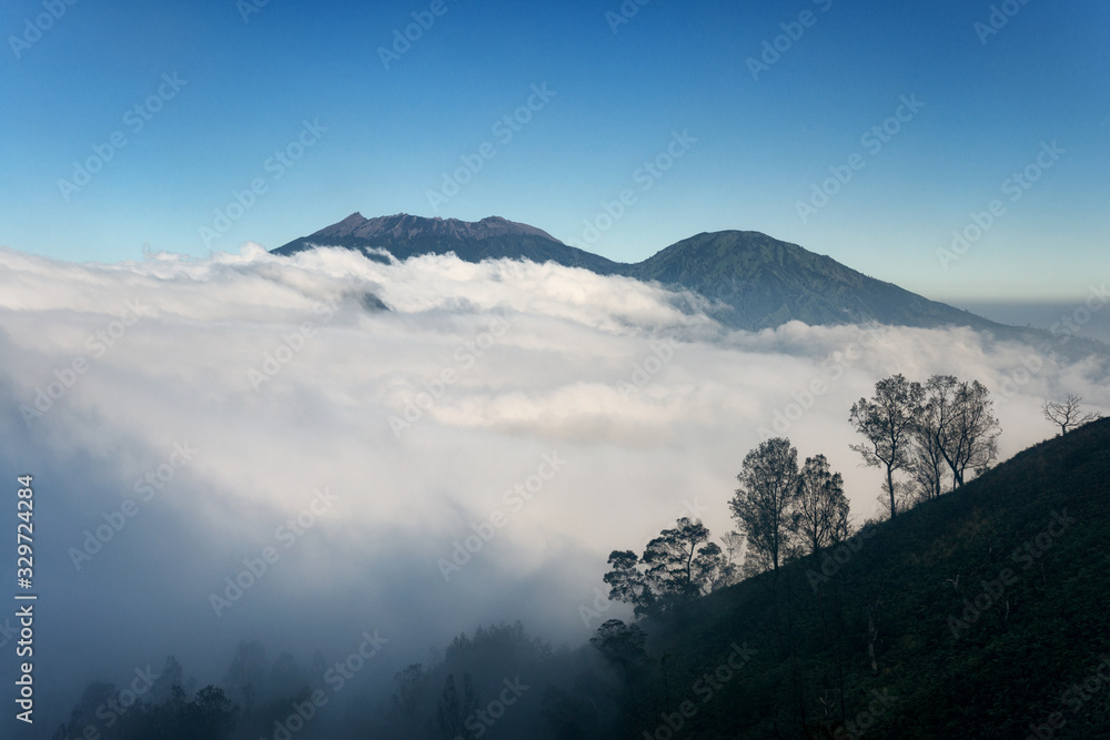 View of the way trekking to Kawah Ijen that plenty of mist in Java, Indonesia.