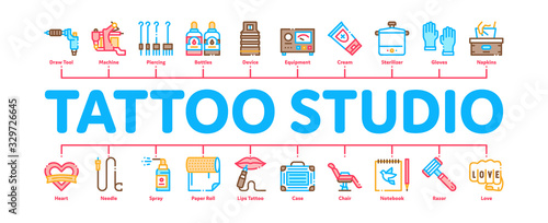 Tattoo Studio Tool Minimal Infographic Web Banner Vector. Tattoo Studio Machine And Razor Equipment, Chair And Case, Cream And Ink Bottles Illustrations