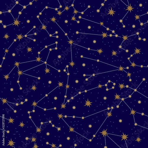 Zodiac constellation seamless pattern. Golden constellations and stars on a dark background. Horoscope signs in the starry sky. The space of the galaxy. For print design  textile  packaging paper.