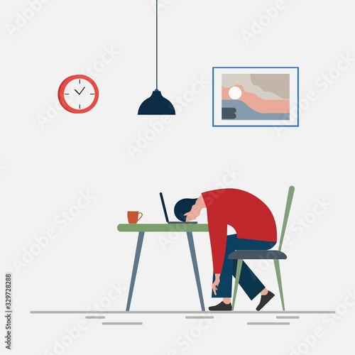 Overworked and tired businessman or office worker sitting at his desk ,Business stress. Flat style modern illustration.