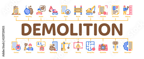 Demolition Building Minimal Infographic Web Banner Vector. Crane With Wrecking Ball And Fence, Hammer And Dynamite Construction Demolition Illustrations