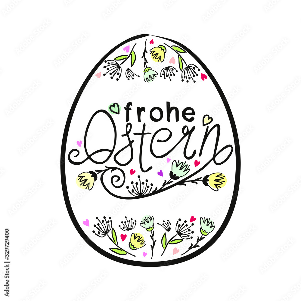 Frame in the shape of an Easter egg with the inscription Happy Easter in German language. Hand drawn Easter typography with flowers for greeting cards isolated on white background. Vector Illustration Frame in the shape of an Easter egg with the inscription Happy Easter in German language. Hand drawn Easter typography with flowers for greeting cards isolated on white background. Vector Illustration