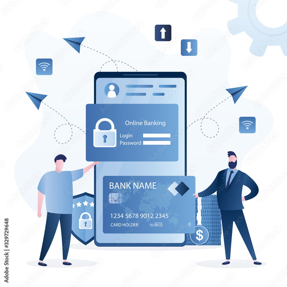 Online banking concept. Secure payments and e-wallet. User holding login and password page Online banking concept. Secure payments and e-wallet. User holding login and password page
