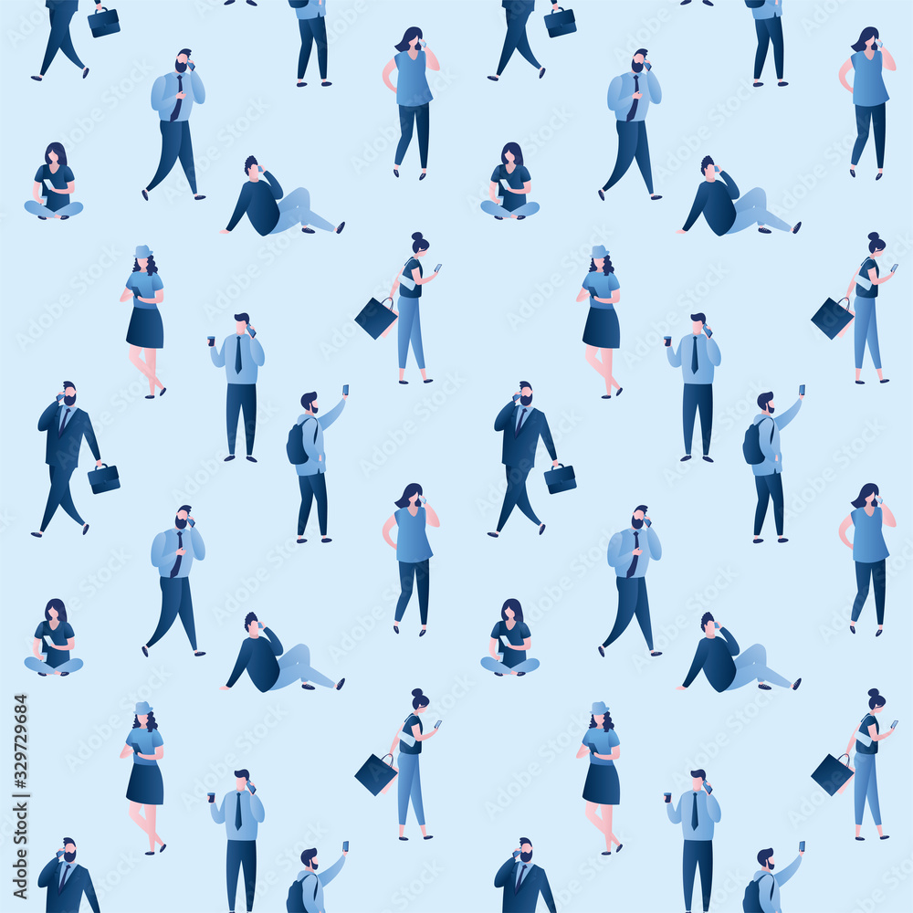 Seamless pattern of tiny business people. Diverse collection of small men and women in business suits. Tiny people use smartphones.