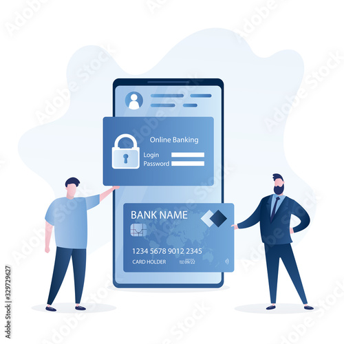 Online banking concept. Secure payments and e-wallet. User holding login and password page,handsome businessman with credit card
