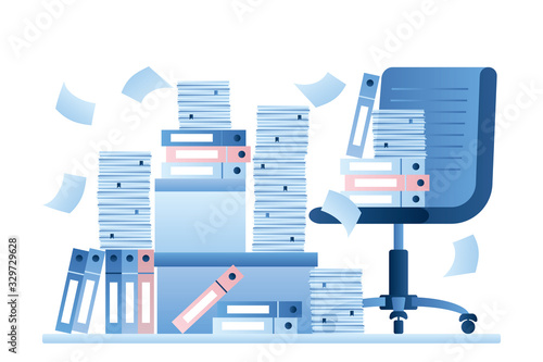 Office chaos, overwork and paperwork on workplace. Huge heap of paper documents and folders.