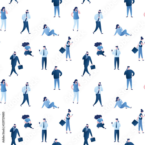 Seamless pattern of tiny business people. Diverse collection of small men and women in business suits. Tiny people use smartphones.