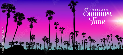 palm tree landscape with sunset and text "summer time" in vector