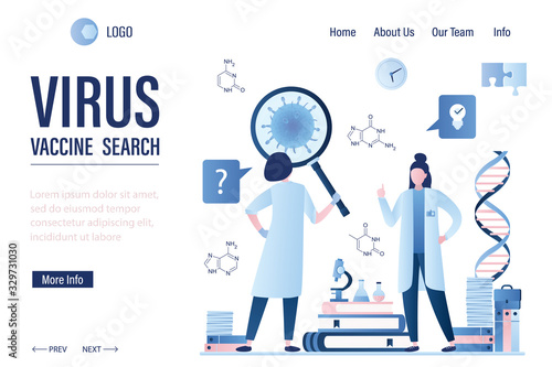 Health care and vaccine search landing page template. Women scientists study molecule virus.