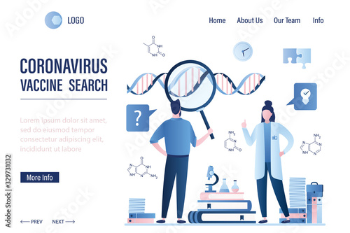 Health care and vaccine search landing page template. Scientists study the molecule virus. Laboratory invented cure new coronavirus