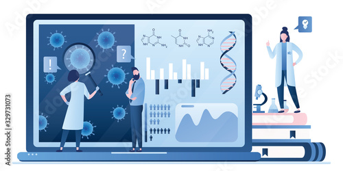  Group of scientists study molecule virus. Medical laboratory invented cure new coronavirus.