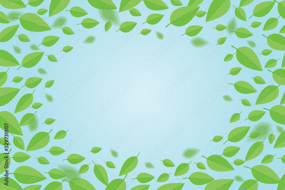 Background with green flying leaves. Leaves fly on the sky background. Background with green flying leaves. Leaves fly on the sky background.