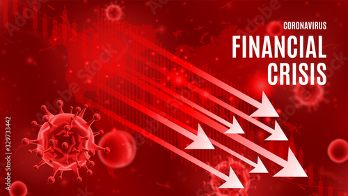 Coronavirus financial crisis banner concept. Background concept with falling arrows and candlestick stock charts. Vector illustration with 3d microscopic bacteria and viruses.