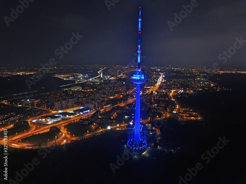 Vilnius TV tower at night. Drone footage.