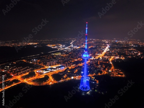 Vilnius TV tower at night. Drone footage.