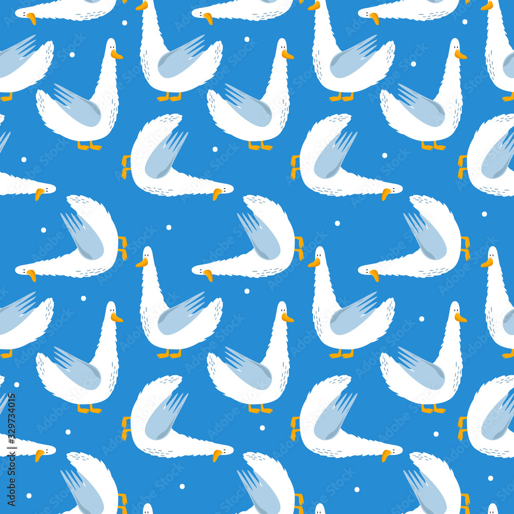 Seamless pattern, birds, hand drawn overlapping backdrop. Colorful background vector. Cute illustration, geese. Decorative wallpaper, good for printing Seamless pattern, birds, hand drawn overlapping backdrop. Colorful background vector. Cute illustration, geese. Decorative wallpaper, good for printing
