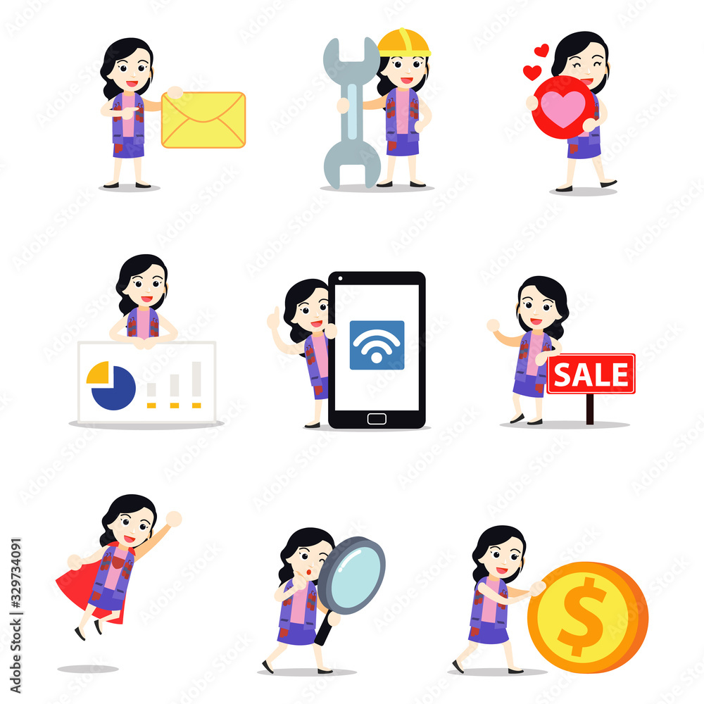Set character of female bomber wearing colorful dress. Set character of female bomber wearing colorful dress.