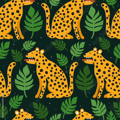 Leopards, palm leaves, hand drawn backdrop. Colorful seamless pattern with animals. Decorative cute wallpaper, good for printing. Overlapping background vector. Design illustration