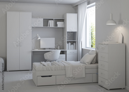 Cozy stylish bedroom designed for a teenager. Gray interior. 3D rendering.