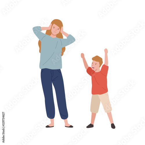 Tired mother holding head near screaming son isolated on white