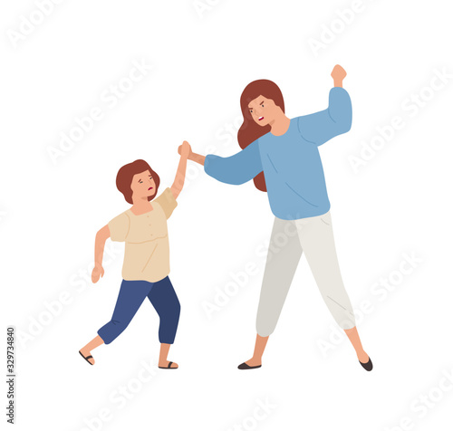 Angry mother hit crying daughter isolated on white background
