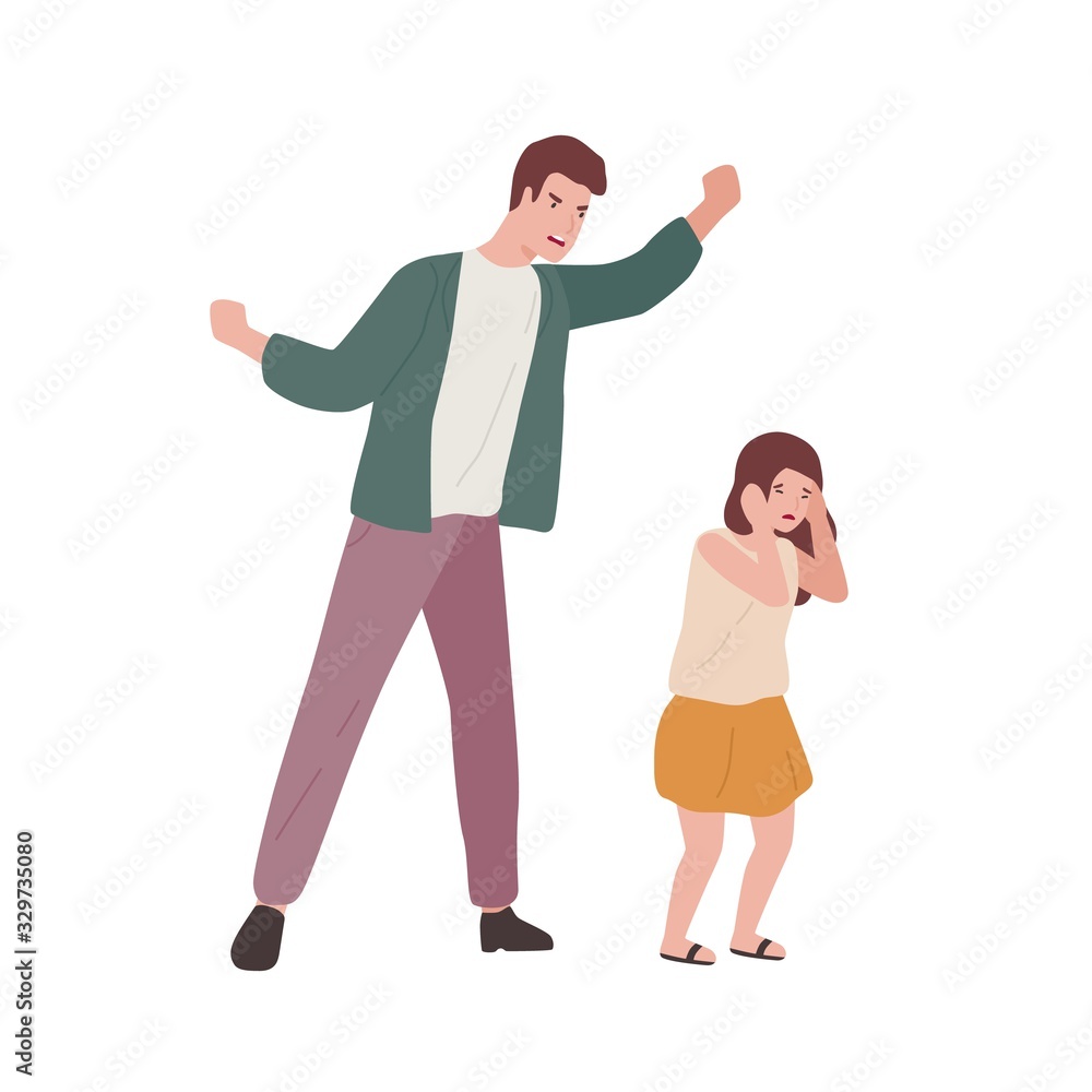 Crazy father screaming to little fear daughter vector flat illustration. Innocent baby girl victim of domestic violence of angry dad isolated on white background. Parents and children relationship Crazy father screaming to little fear daughter vector flat illustration. Innocent baby girl victim of domestic violence of angry dad isolated on white background. Parents and children relationship