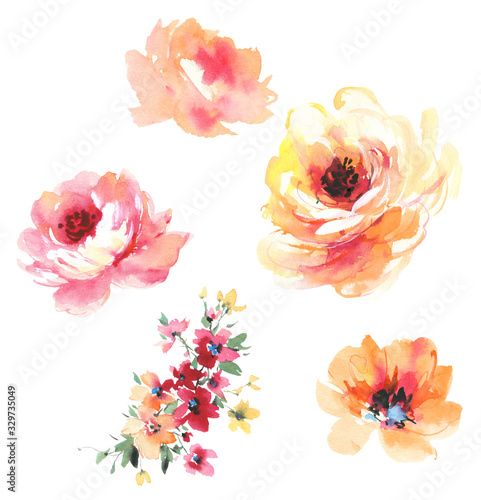 Flowers watercolor illustration.Manual composition.Big Set watercolor elements.