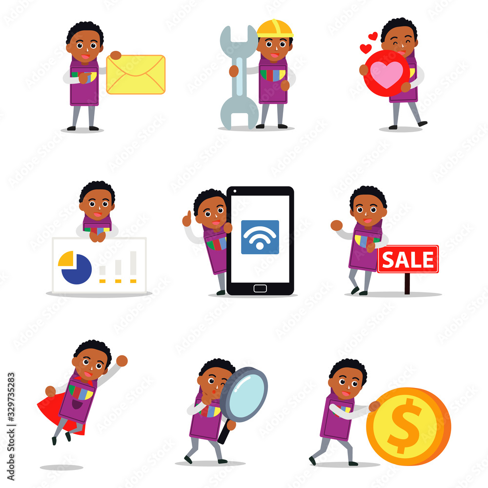 Set character of man wearing crayon costume as school supplies. Set character of man wearing crayon costume as school supplies.