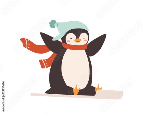 Smiling cartoon cute penguin in warm hat and scarf riding on sled vector flat illustration